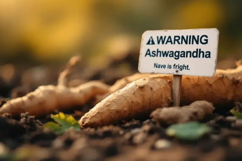 Racines d'ashwagandha fraîchement récoltées, avec un panneau "Attention Ashwagandha". Avis sur l'ashwagandha.