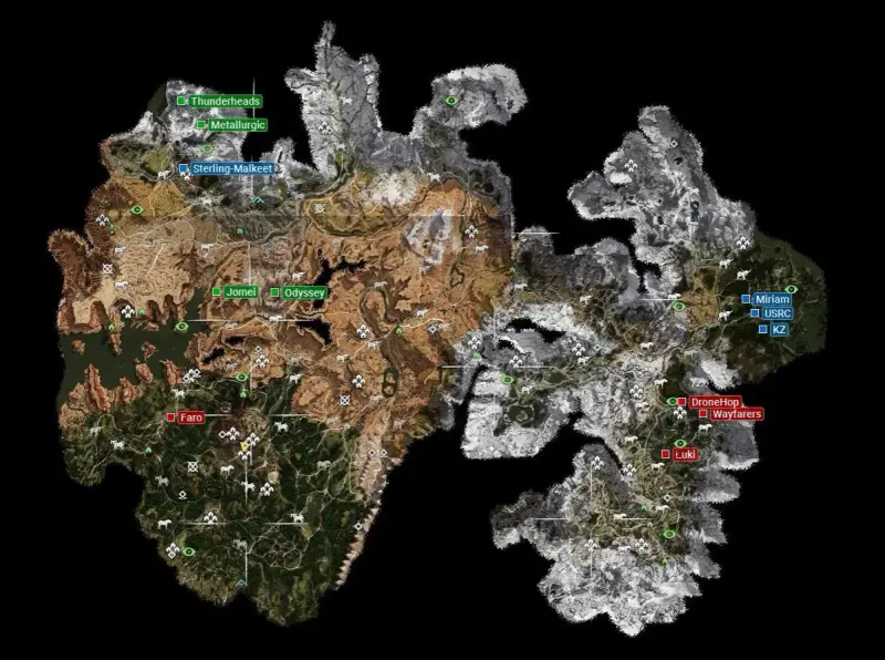 Mapa świata Horizon Zero Dawn z zaznaczonymi lokacjami, takimi jak Thunderheads, Metallurgic, Sterling-Malket, Jomei, Odyssey, Faro, Miriam, USRC, KZ, DroneHop, Wayfarers i Łuki.