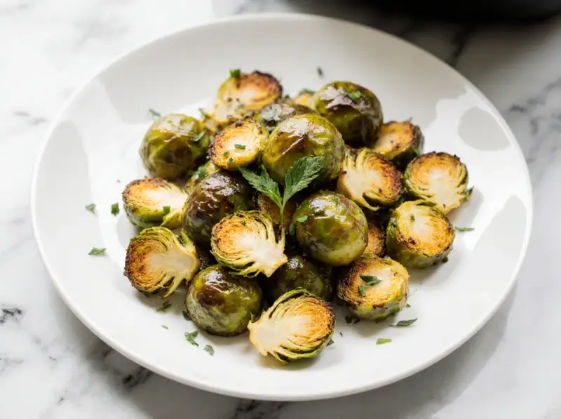 Knuspriger rosenkohl im airfryer, leicht gebräunt und mit Petersilie bestreut, auf einem weißen Teller serviert.