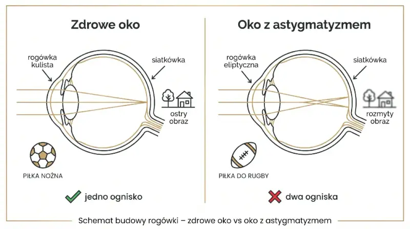 Porównanie zdrowego oka z kulistą rogówką i oka z astygmatyzmem (eliptyczna rogówka). Wyjaśnia, jak czytać wynik pola widzenia, pokazując jedno ognisko dla ostrego obrazu i dwa ogniska dla rozmytego.