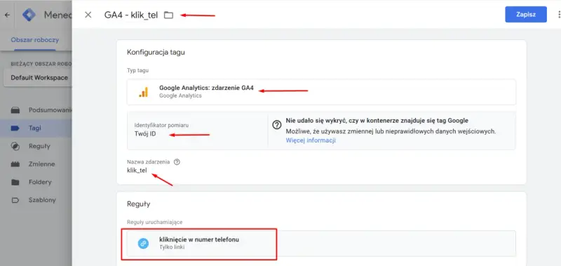 Konfiguracja tagu Google Analytics GA4. Nazwa zdarzenia: klik_tel. Reguła uruchamiająca: kliknięcie w numer telefonu.