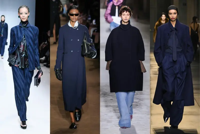 Modelos desfilan con elegantes trajes azul marino, mostrando cómo combinar traje azul marino mujer con estilo y sofisticación.
