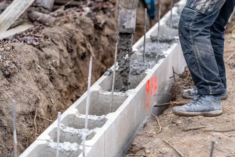 Beton wylewany do szalunku z bloczków betonowych, zbrojenie wystaje. Budowa fundamentów w toku.