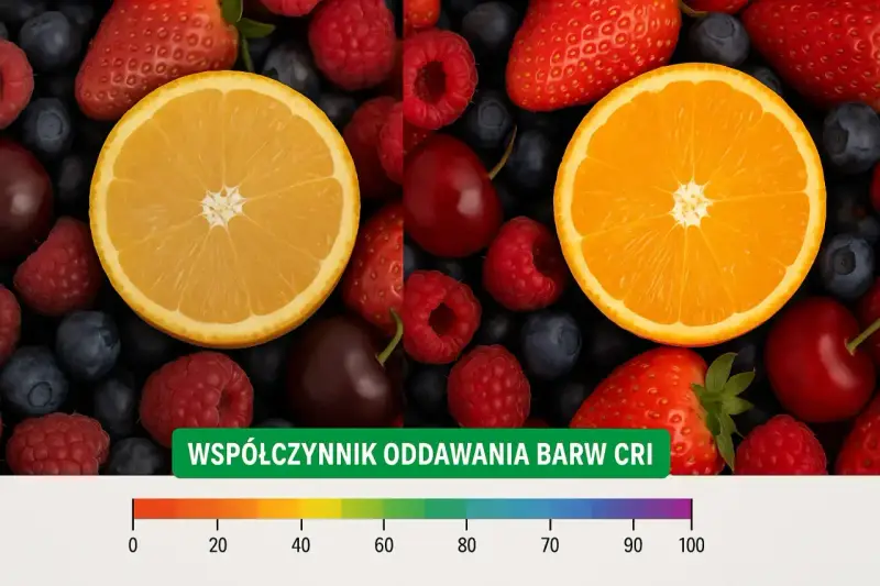 Kolorowe owoce: truskawki, maliny, borówki, wiśnie i pomarańcze. Poniżej skala z oznaczeniem współczynnik oddawania barw CRI.