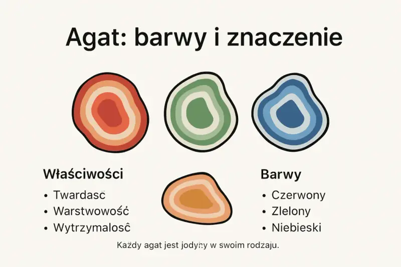 Ilustracja przedstawia trzy kolorowe odmiany agatu: czerwony, zielony i niebieski, ukazując jego warstwową strukturę.
