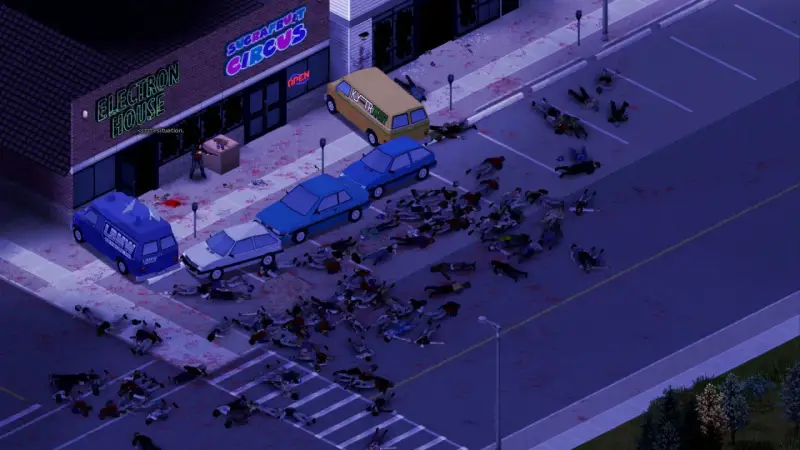 Scena z Project Zomboid: mnóstwo ciał na ulicy, samochody, budynki "Electron House" i "Sugafruit Circus". Wymagania gry są niskie, ale apokalipsa zombie wysoka.