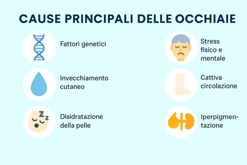 Le cause principali delle occhiaie includono fattori genetici, invecchiamento cutaneo, disidratazione, stress, cattiva circolazione e iperpigmentazione.