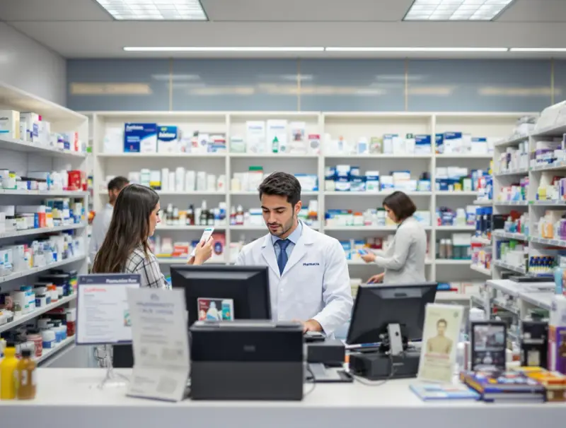 Farmaceuta w białym fartuchu obsługuje klienta, a w tle widać półki z lekami. To praca, która może przynieść dobre zarobki.