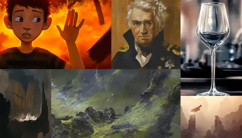 Collage d'œuvres de formation digital painting : un garçon effrayé, un portrait d'amiral, un verre, un paysage montagneux, et des ruines futuristes.
