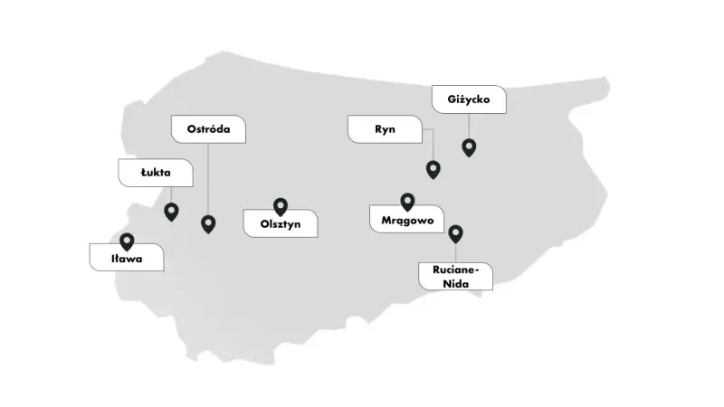 Mapa z zaznaczonymi mazury miasta: Ostróda, Łukta, Iława, Olsztyn, Ryn, Giżycko, Mrągowo, Ruciane-Nida.