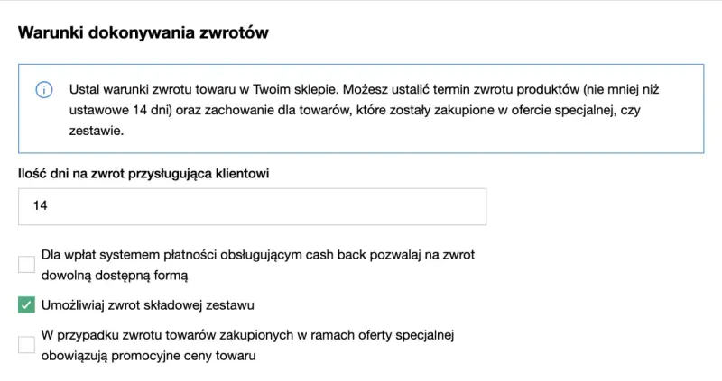 Ustaw termin zwrotu produktów na 14 dni. Określ ile czasu na rozpatrzenie reklamacji mają klienci.