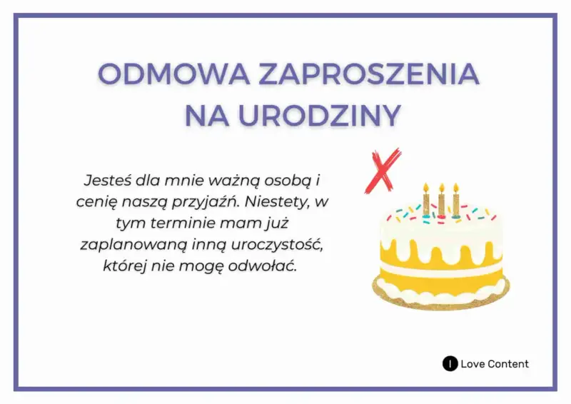 Jak grzecznie odmówić zaproszenia przykłady: tekst o odmowie urodzinowych, z tortem i przekreślonym zaproszeniem.
