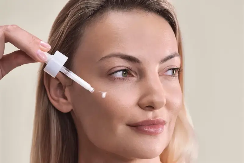 Kwas palmitynowy w kroplach serum pielęgnuje skórę kobiety, nadając jej blask.