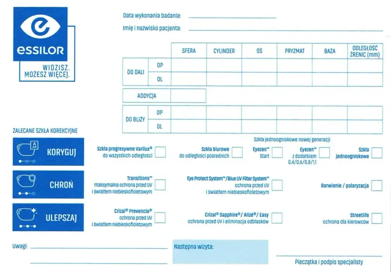Formularz recepty na okulary z polami do wpisania parametrów SPH, CYL, AXIS i innymi.
