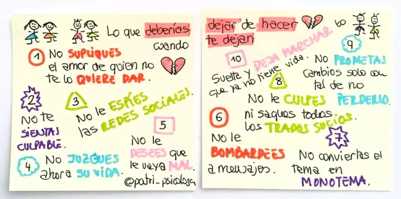 Listas de consejos para superar una decepción de pareja: no supiques amor, no te culpes, no juzgues, no espiar redes, no desees mal, no bombardees, no prometas cambios, suelta y deja marchar.