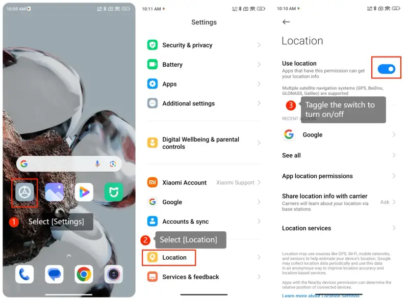 Ustawienia Android: wybierz Ustawienia, następnie Lokalizacja, aby zarządzać udostępnianiem lokalizacji.