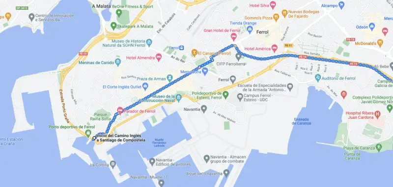 Mapa de Ferrol con el inicio del Camino Inglés a Santiago de Compostela.