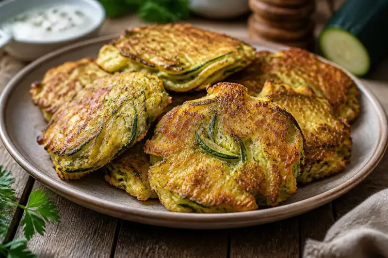 Goldbraune zucchini puffer auf einem Teller, mit Kräutern und einem Dip im Hintergrund.