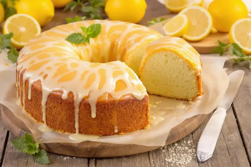 Un délicieux gâteau au citron, nappé d'un glaçage blanc et décoré de menthe fraîche. Une part a été coupée, révélant sa texture moelleuse.
