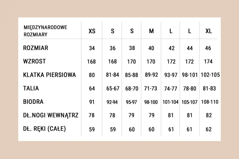 Tabela rozmiarów od XS do XL. Sprawdź, jaki to rozmiar, porównując swój wzrost, obwód klatki, talii, bioder i długość ręki.