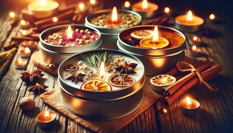 Bougies parfumées à l'huile essentielle, décorées d'agrumes séchés, d'épices et de romarin, sur fond de bois rustique.