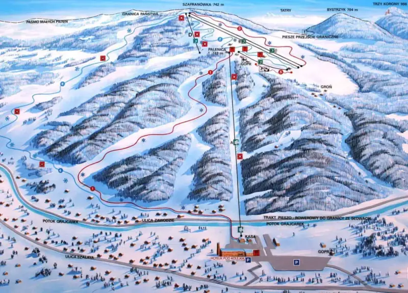 Mapa narciarska Palenicy Szczawnica. Widok na stoki, trasy, wyciągi i infrastrukturę. Sprawdź palenica szczawnica cennik.