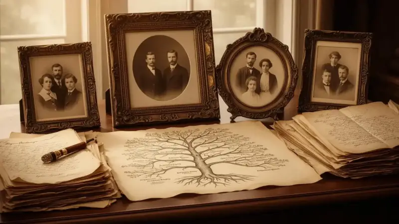 Un arbre généalogique alsacien, entouré de vieilles photos de famille et de documents jaunis, évoque le passé.