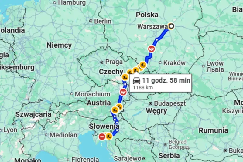 Trasa z Polski do Chorwacji przez Czechy, Austrię i Słowenię. Podróż trwa 11 godzin 58 minut i obejmuje 1188 km.