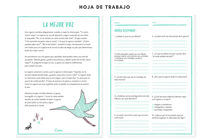 Hoja de trabajo para comprensión lectora 6 primaria. Una fábula sobre una cigarra, un sapo y una garza.