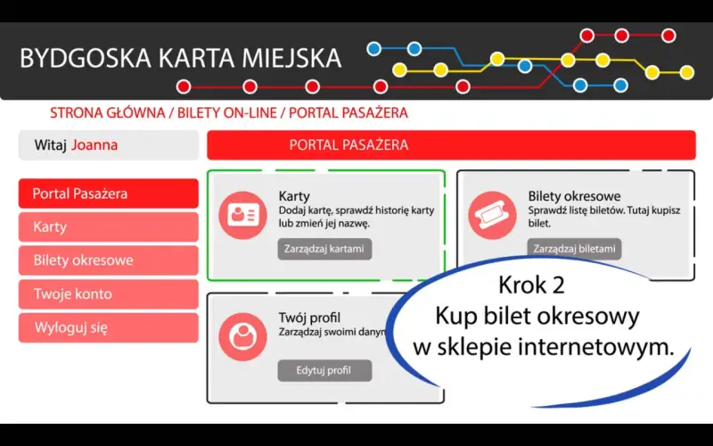 Portal Pasażera Bydgoskiej Karty Miejskiej. Krok 2: Kup bilet okresowy w sklepie internetowym. Dowiedz się, jak kupić bilet miesięczny na pociąg.