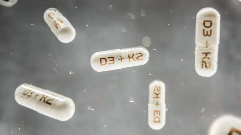 Flera kapslar med texten "D3 + K2" svävar i luften. Dessa kapslar kan vara ett komplement till din k vitamin mat.