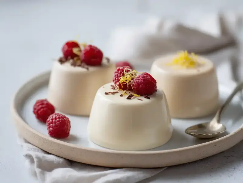 Tre krämiga pannacotta smaker med hallon och citronskal. En delikat dessert som lockar.