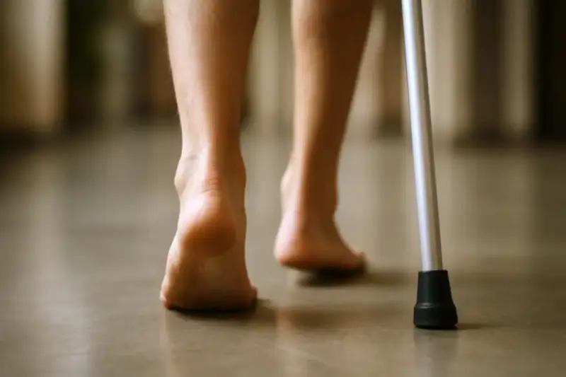 Powolne kroki po złamaniu pięty, wspierane laską. Długotrwała rehabilitacja przynosi efekty.