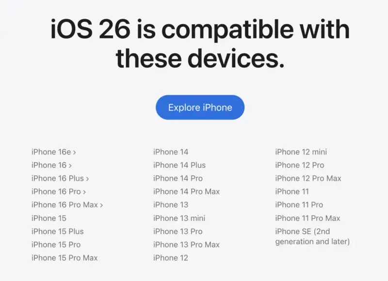 Lista urządzeń kompatybilnych z iOS 26, od iPhone'a 16e do iPhone'a SE (2. generacji).