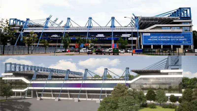 Stary stadion Wisły Kraków, obecnie nowoczesny obiekt sportowy. Górne zdjęcie pokazuje obecny wygląd, dolne wizualizację.