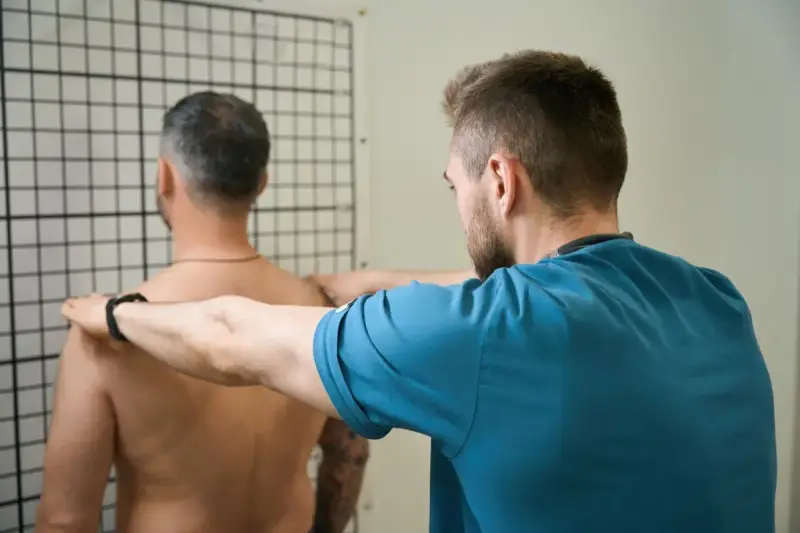 Therapeut führt krankengymnastik schulter Übungen durch. Ein Mann steht vor einem Gitter, während ein Therapeut seine Schultern berührt.