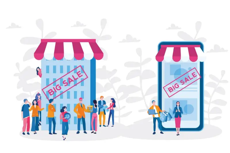 Un negozio fisico e uno virtuale, entrambi con "BIG SALE". Il **click and mortar** unisce il meglio dei due mondi.