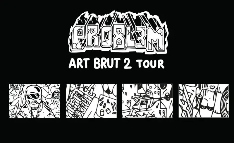 Problem Art Brut 2 Tour. Cztery czarno-białe grafiki w stylu art brut: mężczyzna w okularach i cygarem, grill, helikopter i twarz.