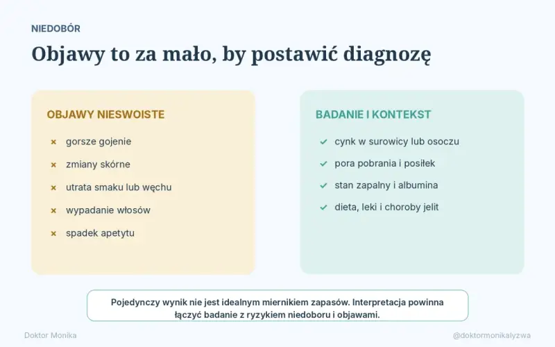 Badanie poziomu cynku w surowicy lub osoczu jest kluczowe. Niedobór może objawiać się zmianami skórnymi, wypadaniem włosów, a także gorszym gojeniem.