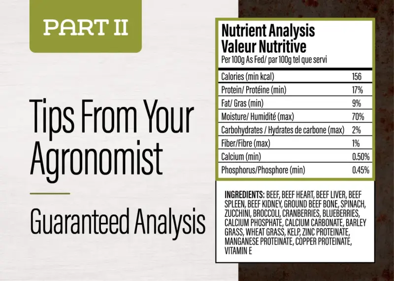 Analyse nutritive d'un aliment pour animaux, indiquant 17% de protéine brute, avec des conseils d'agronome.