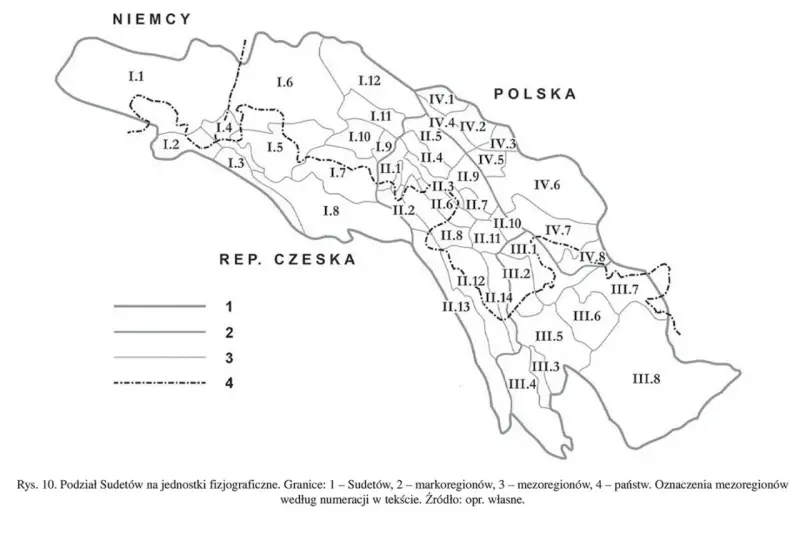 Mapa pokazuje, gdzie są Sudety, podzielone na jednostki fizjograficzne, z granicami państw i regionów.