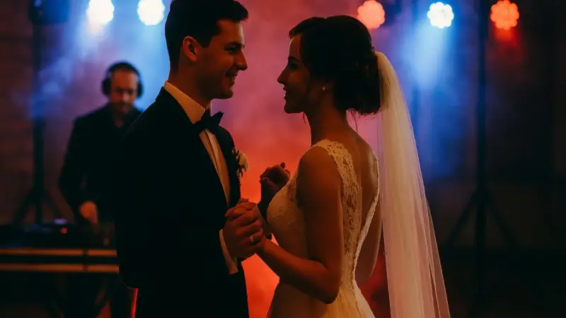 Para młoda tańczy przy dźwiękach wzruszających piosenek na wesele. W tle DJ w słuchawkach.