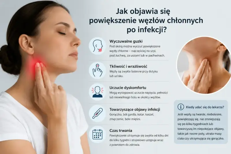 Kobieta dotyka szyi, gdzie widoczne jest zaczerwienienie, wskazujące na zapalenie węzłów chłonnych. Obraz przedstawia objawy powiększenia węzłów.