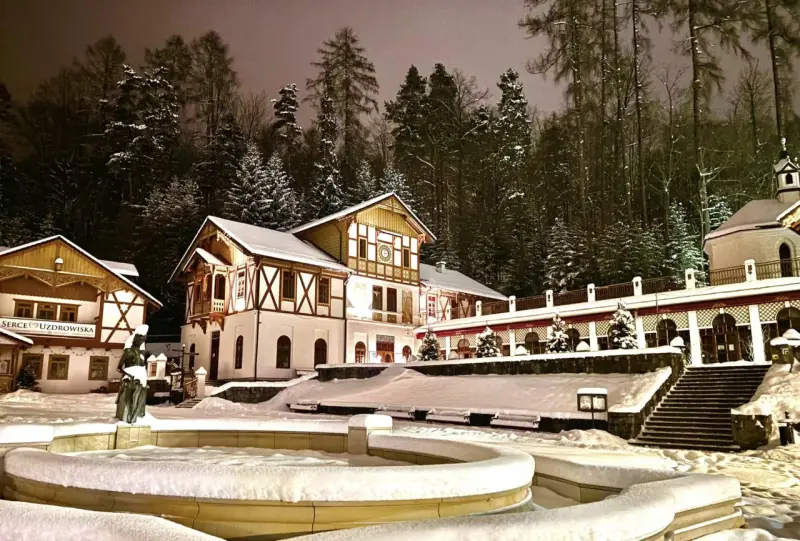Architektura Szczawnicy nocą, ośnieżone budynki i drzewa, fontanna.
