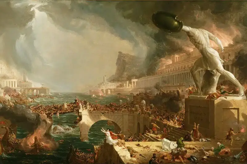 Kaos och förstörelse i en stad vid havet, med brinnande byggnader och stridande människor. En staty med sköld reser sig över scenen, som skildrar en dramatisk händelse från romarriket årtal.