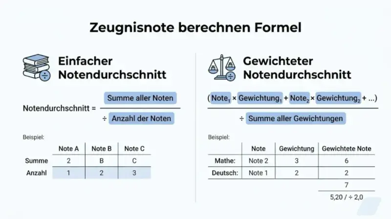 Formeln für einfachen und gewichteten Notendurchschnitt. Der Mittelwert wird durch Summe aller Noten geteilt durch Anzahl der Noten berechnet.
