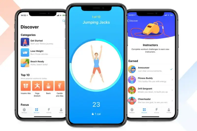 Schermate di app per il fitness con esercizi, categorie e istruttori. Le migliori app fitness per iniziare il tuo percorso.