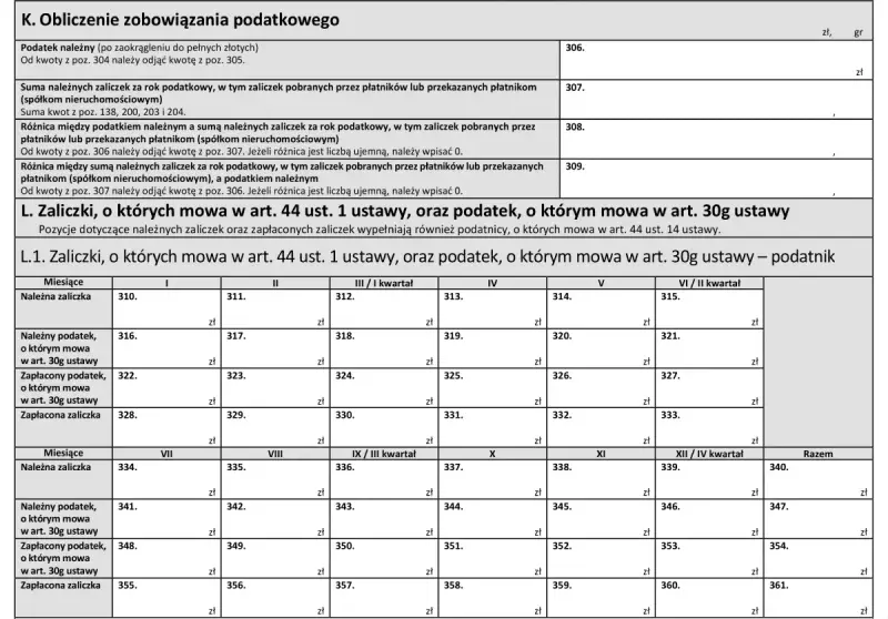 Formularz podatkowy z sekcją K. Obliczenie zobowiązania podatkowego i L. Zaliczki, o których mowa w art. 30g ustawy.