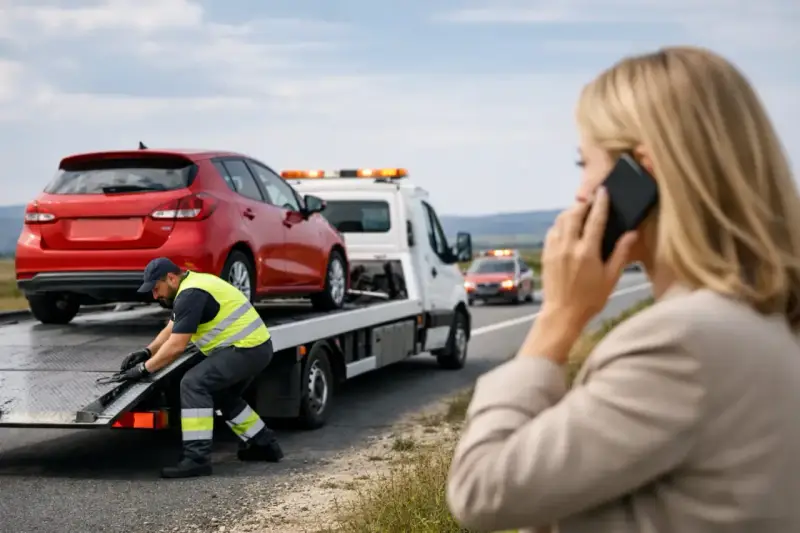 Pomoc drogowa na 1500 km. Kierowca zabezpiecza auto na lawecie, a kobieta wzywa pomoc przez telefon.