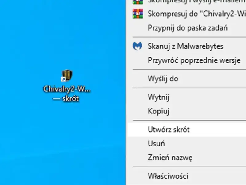 Menu kontekstowe z opcją "Utwórz skrót" na pulpicie, pokazujące jak zmienić pulpit.